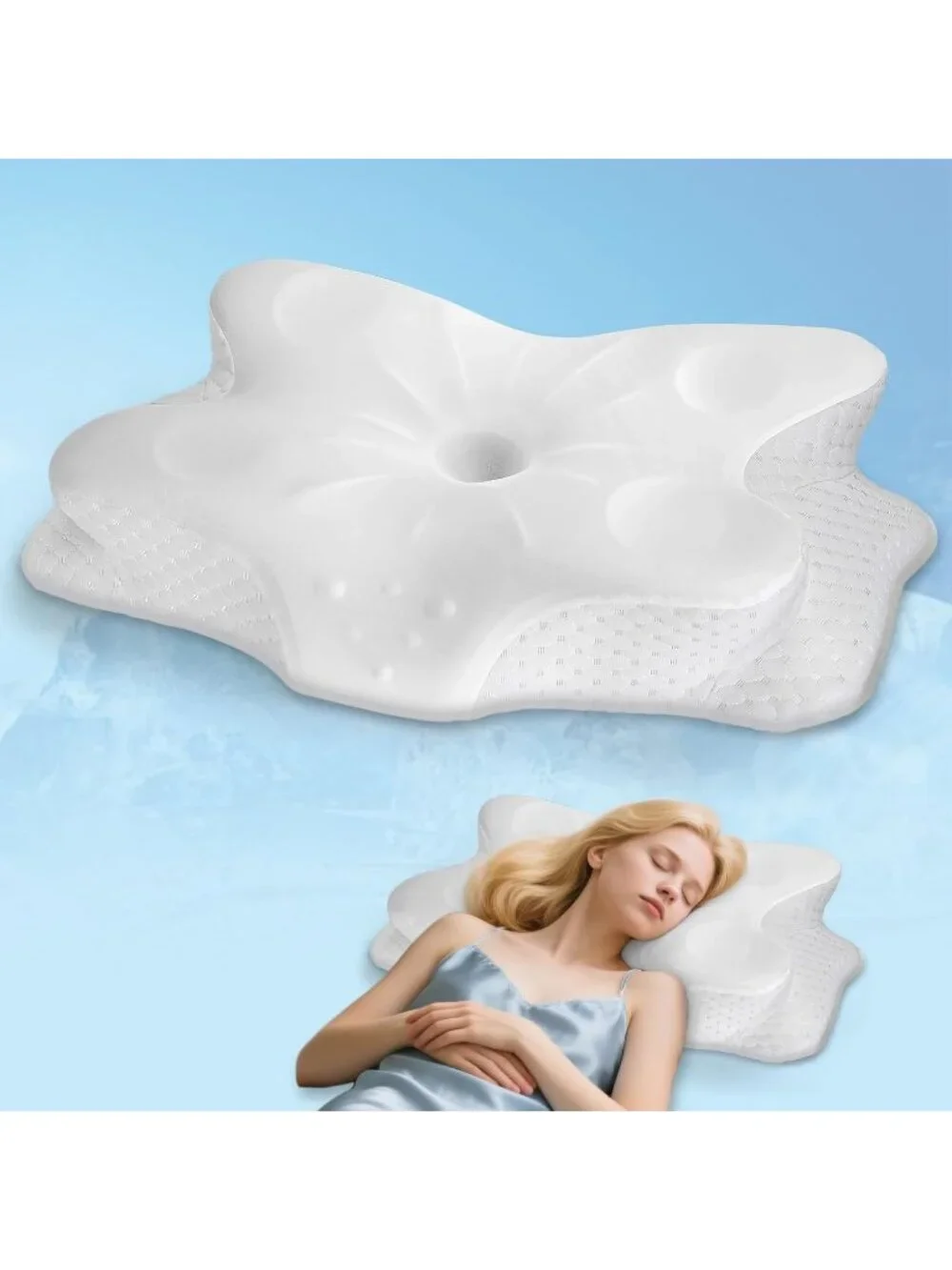 〽️Cervical Neck Pillow Ergonomic Contour Memory Foam Cooling White Silk Cover